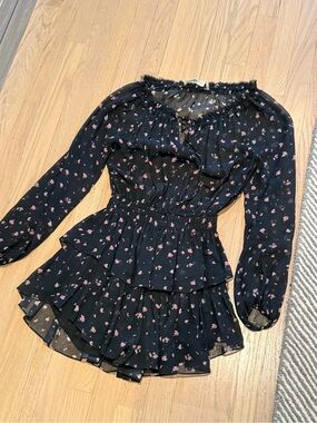 LoveShackFancy Black Mini Dress with Pink Floral Print